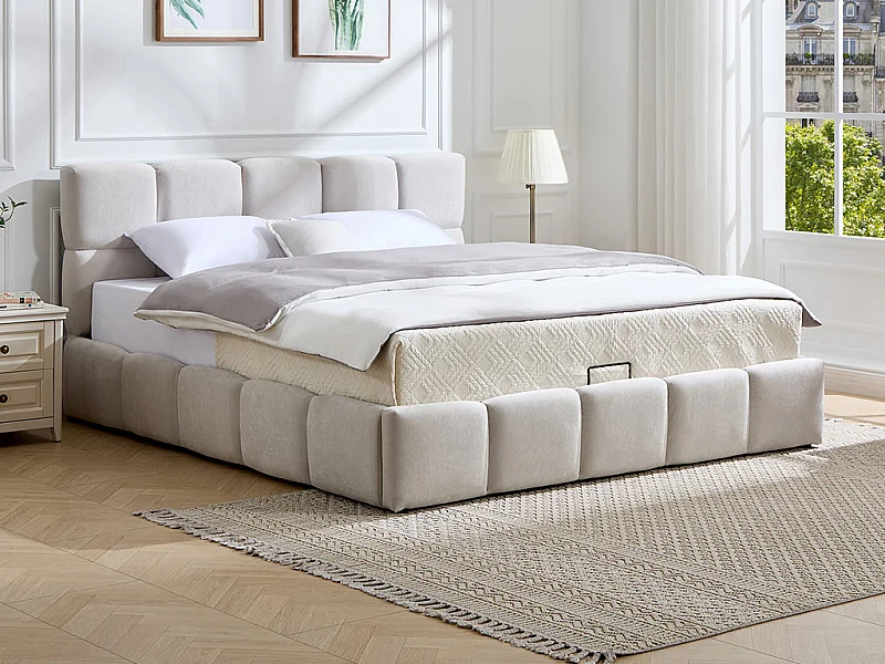 Lit coffre 200 x 200 cm – Tissu – Beige - DILUDO