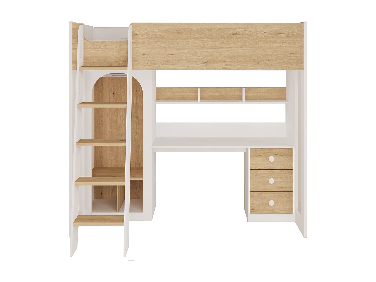 Lit mezzanine 90 x 190 cm avec penderie et bureau – Coloris : Naturel et blanc - ALVENOU