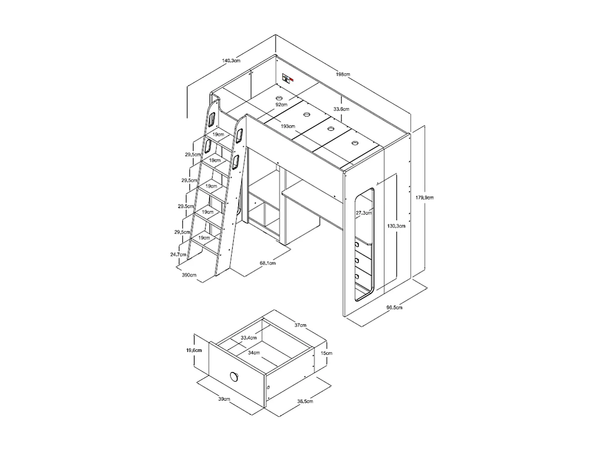 Lit mezzanine 90 x 190 cm avec penderie et bureau – Coloris : Naturel et blanc - ALVENOU