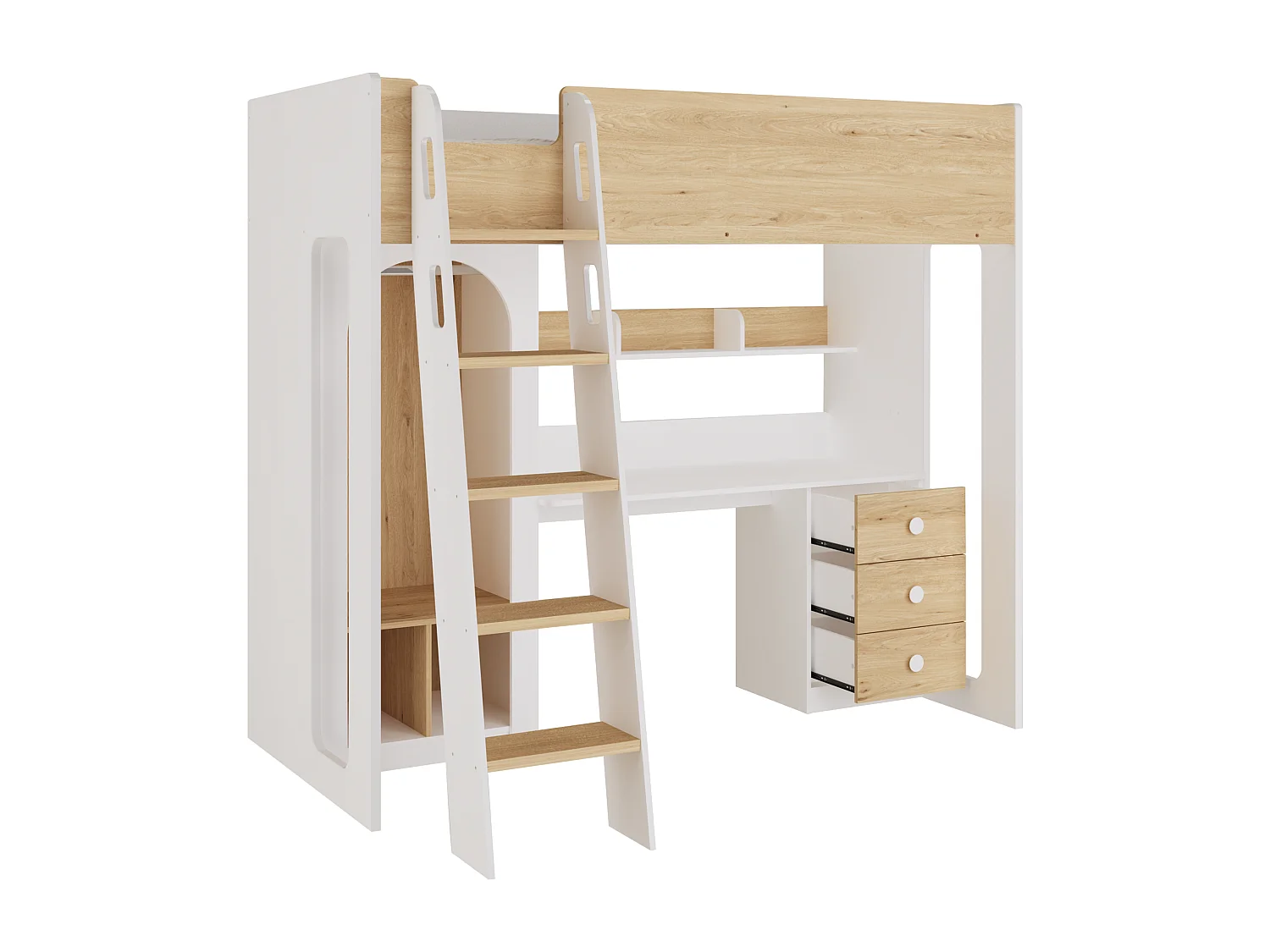 Cama alta 90 x 190 cm com guarda-roupa e secretária – Cor: Natural e branco - ALVENOU