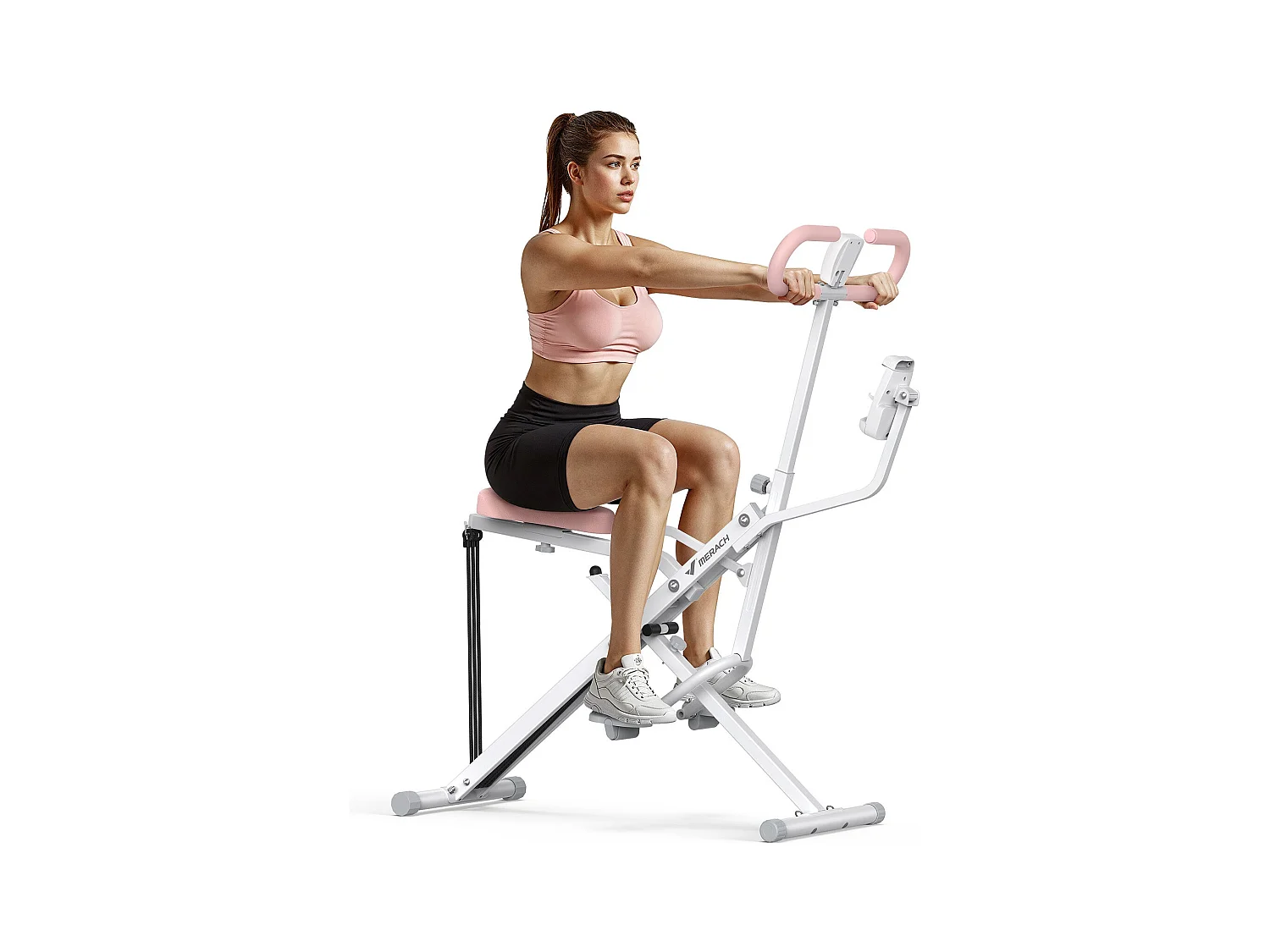 Machine à Squat et Rameur MERACH, Résistance Réglable, 160 kg, Écran LCD, Support de Téléphone, Pour Abdos/Jambes/Dos, Blanc