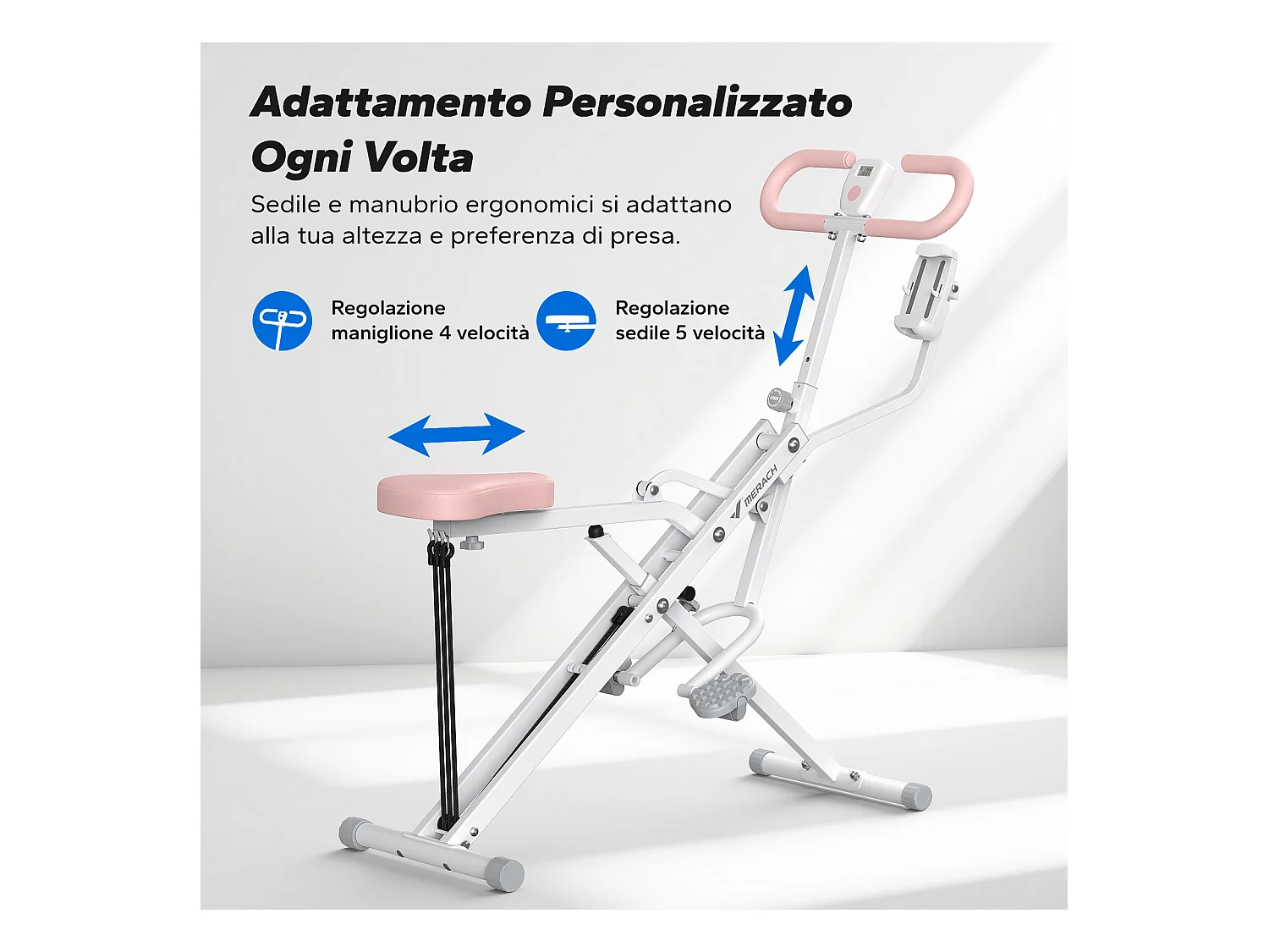 Machine à Squat et Rameur MERACH, Résistance Réglable, 160 kg, Écran LCD, Support de Téléphone, Pour Abdos/Jambes/Dos, Blanc