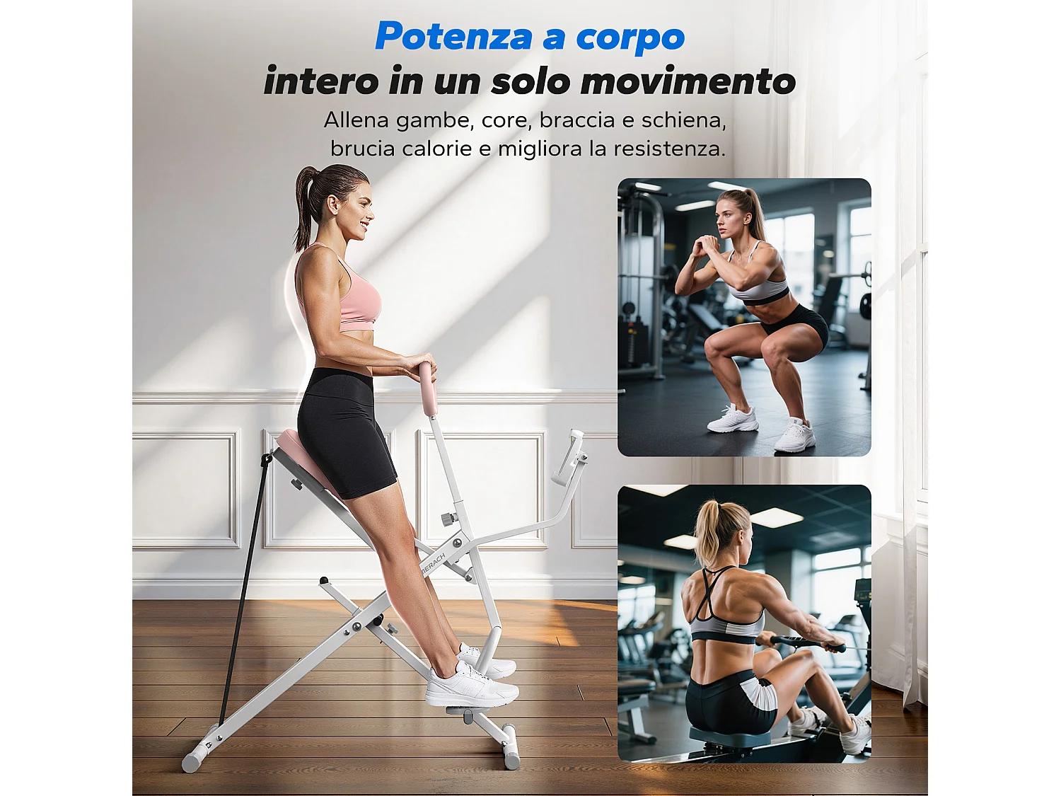 Machine à Squat et Rameur MERACH, Résistance Réglable, 160 kg, Écran LCD, Support de Téléphone, Pour Abdos/Jambes/Dos, Blanc