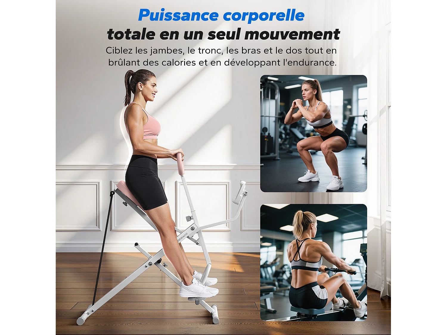 Macchina per Squat e Vogatore MERACH, Resistenza Regolabile, 160 kg, Schermo LCD, Supporto per Telefono, per Addominali/Gambe/Schiena, Bianco