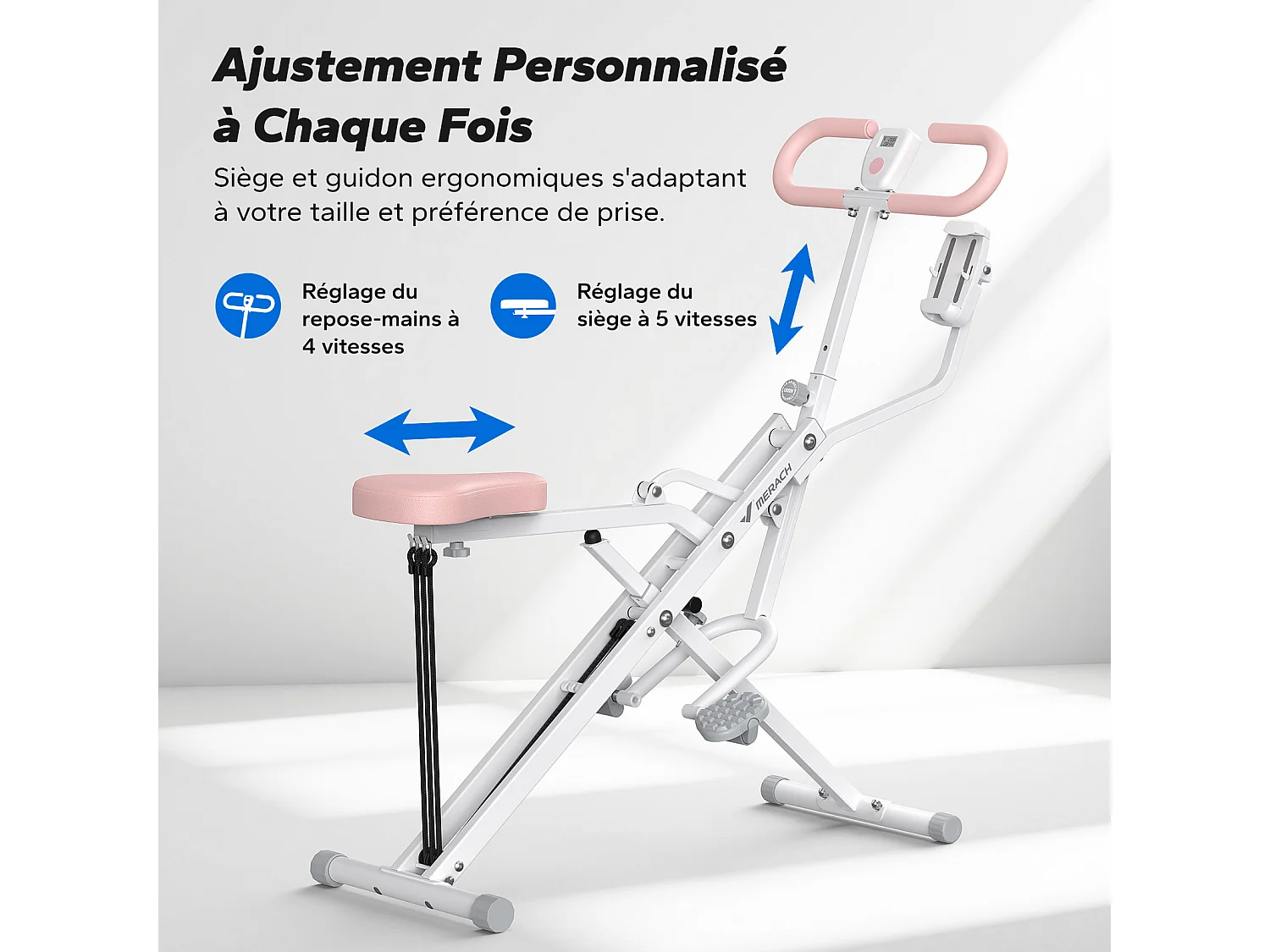 Macchina per Squat e Vogatore MERACH, Resistenza Regolabile, 160 kg, Schermo LCD, Supporto per Telefono, per Addominali/Gambe/Schiena, Bianco