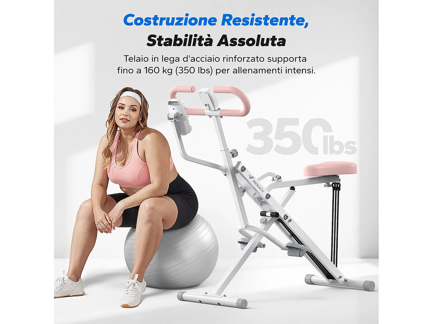 Macchina per Squat e Vogatore MERACH, Resistenza Regolabile, 160 kg, Schermo LCD, Supporto per Telefono, per Addominali/Gambe/Schiena, Bianco