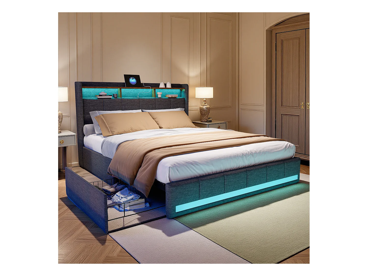 Lit double 140x190 cm - NEXU - lit 140x190 cm avec sommier à lattes - cadre de lit adulte 140x190 cm - 4 tiroir - LED ET USB - tissu en lin - gris