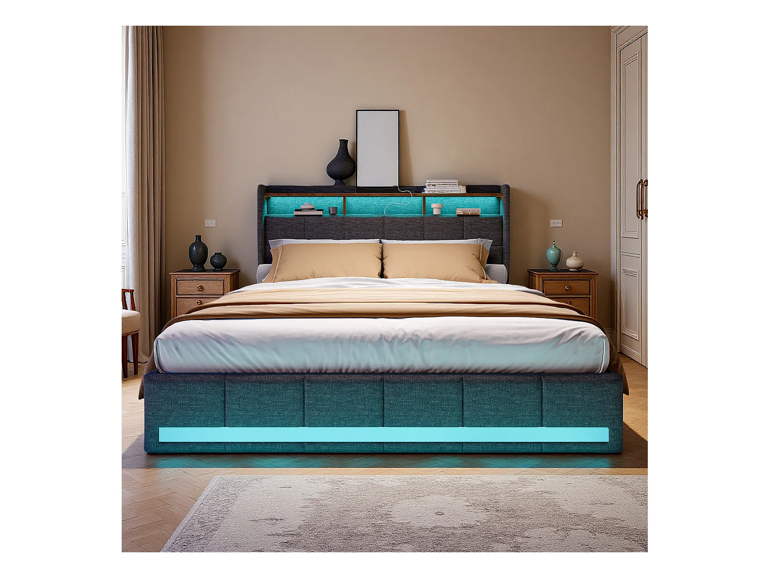 Lit double 140x190 cm - NEXU - lit 140x190 cm avec sommier à lattes - cadre de lit adulte 140x190 cm - 4 tiroir - LED ET USB - tissu en lin - gris