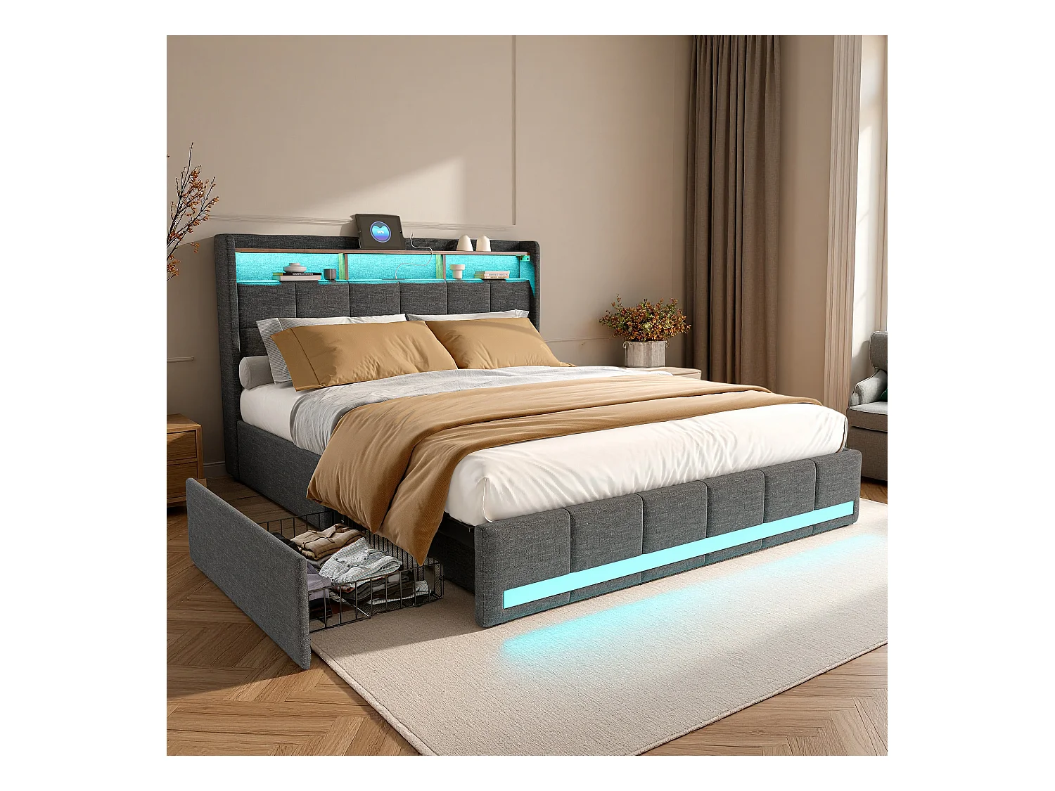 Lit double 140x190 cm - NEXU - lit 140x190 cm avec sommier à lattes - cadre de lit adulte 140x190 cm - 4 tiroir - LED ET USB - tissu en lin - gris
