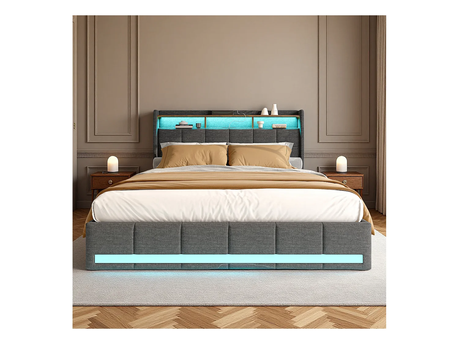 Lit double 140x190 cm - NEXU - lit 140x190 cm avec sommier à lattes - cadre de lit adulte 140x190 cm - 4 tiroir - LED ET USB - tissu en lin - gris
