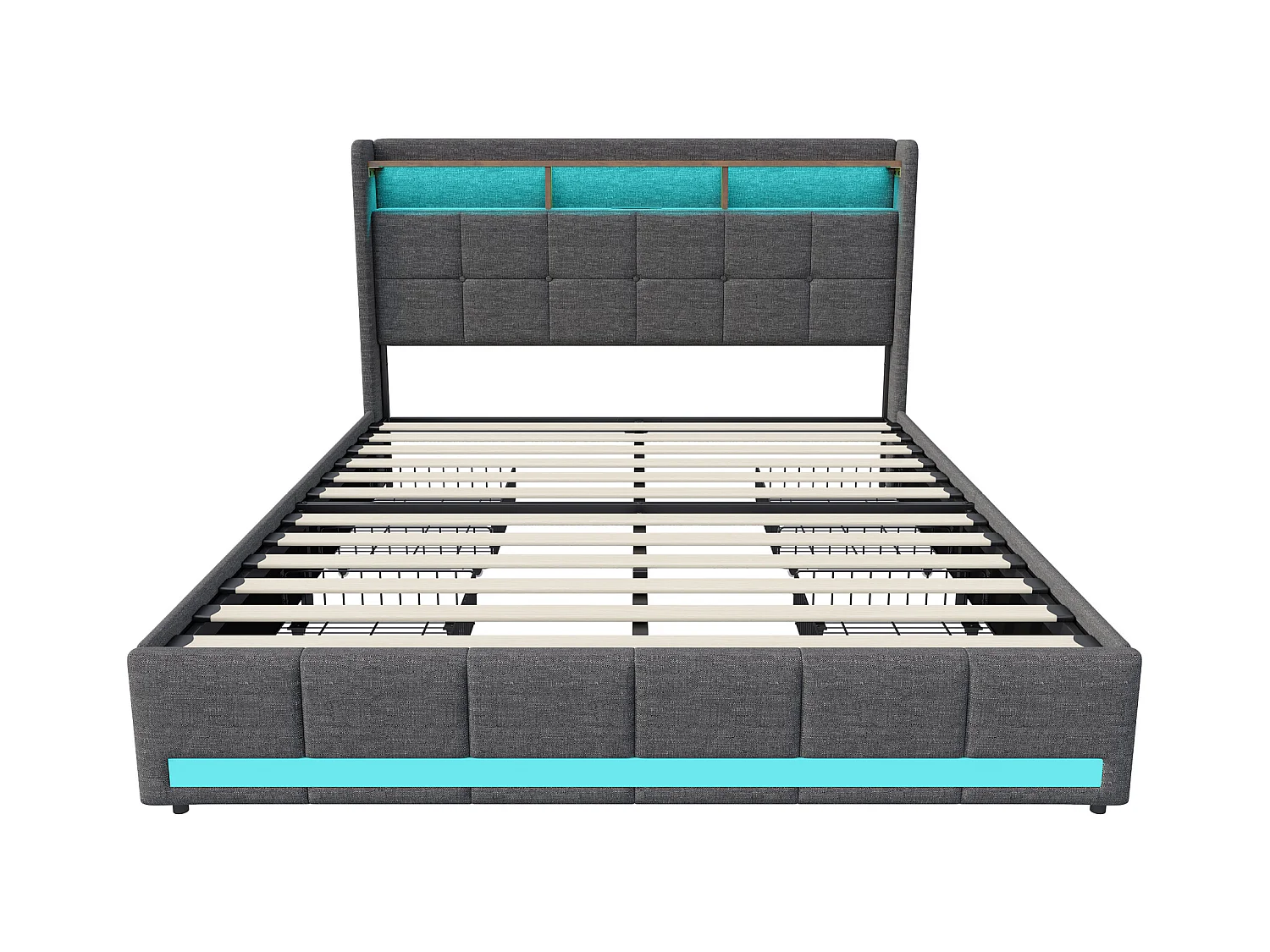 Lit double 140x190 cm - NEXU - lit 140x190 cm avec sommier à lattes - cadre de lit adulte 140x190 cm - 4 tiroir - LED ET USB - tissu en lin - gris