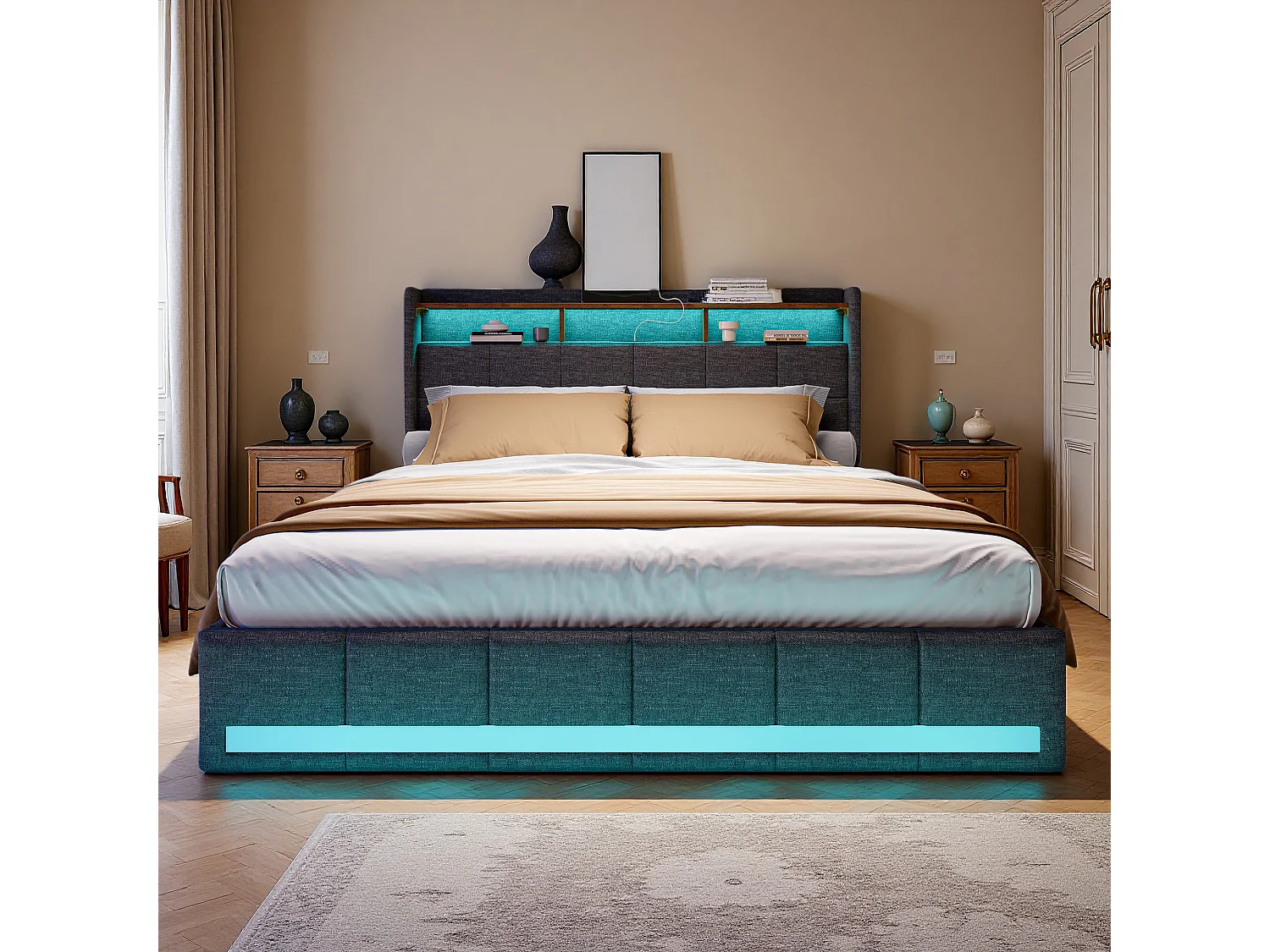 Lit double 140x190 cm - NEXU - lit 140x190 cm avec sommier à lattes - cadre de lit adulte 140x190 cm - 4 tiroir - LED et USB - tissu en lin - gris