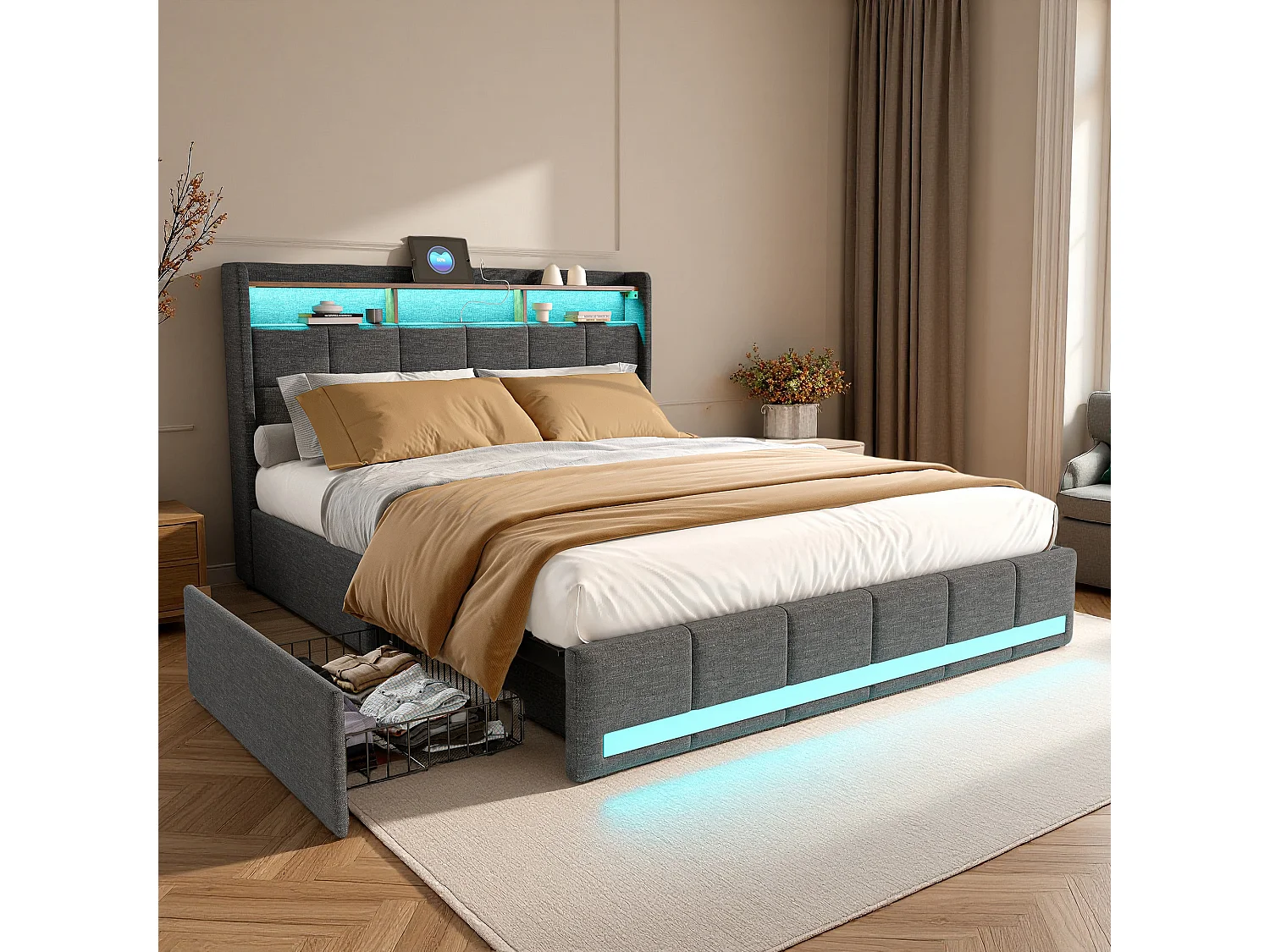 Lit double 140x190 cm - NEXU - lit 140x190 cm avec sommier à lattes - cadre de lit adulte 140x190 cm - 4 tiroir - LED et USB - tissu en lin - gris