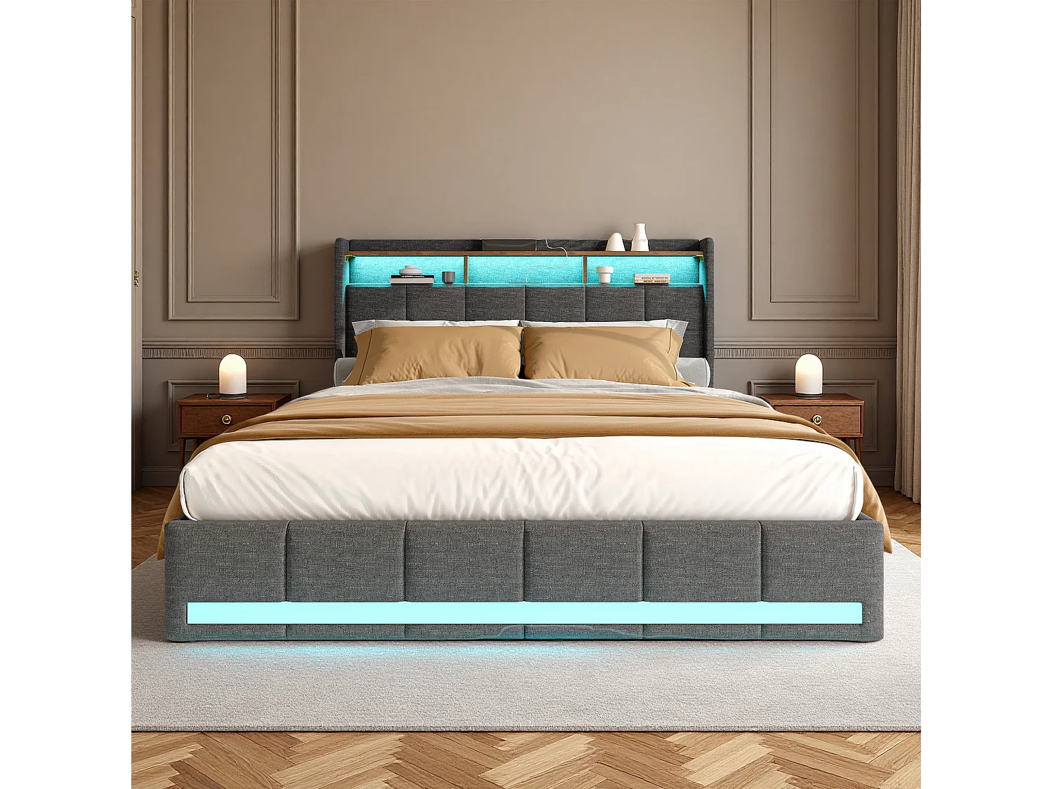 Lit double 140x190 cm - NEXU - lit 140x190 cm avec sommier à lattes - cadre de lit adulte 140x190 cm - 4 tiroir - LED et USB - tissu en lin - gris