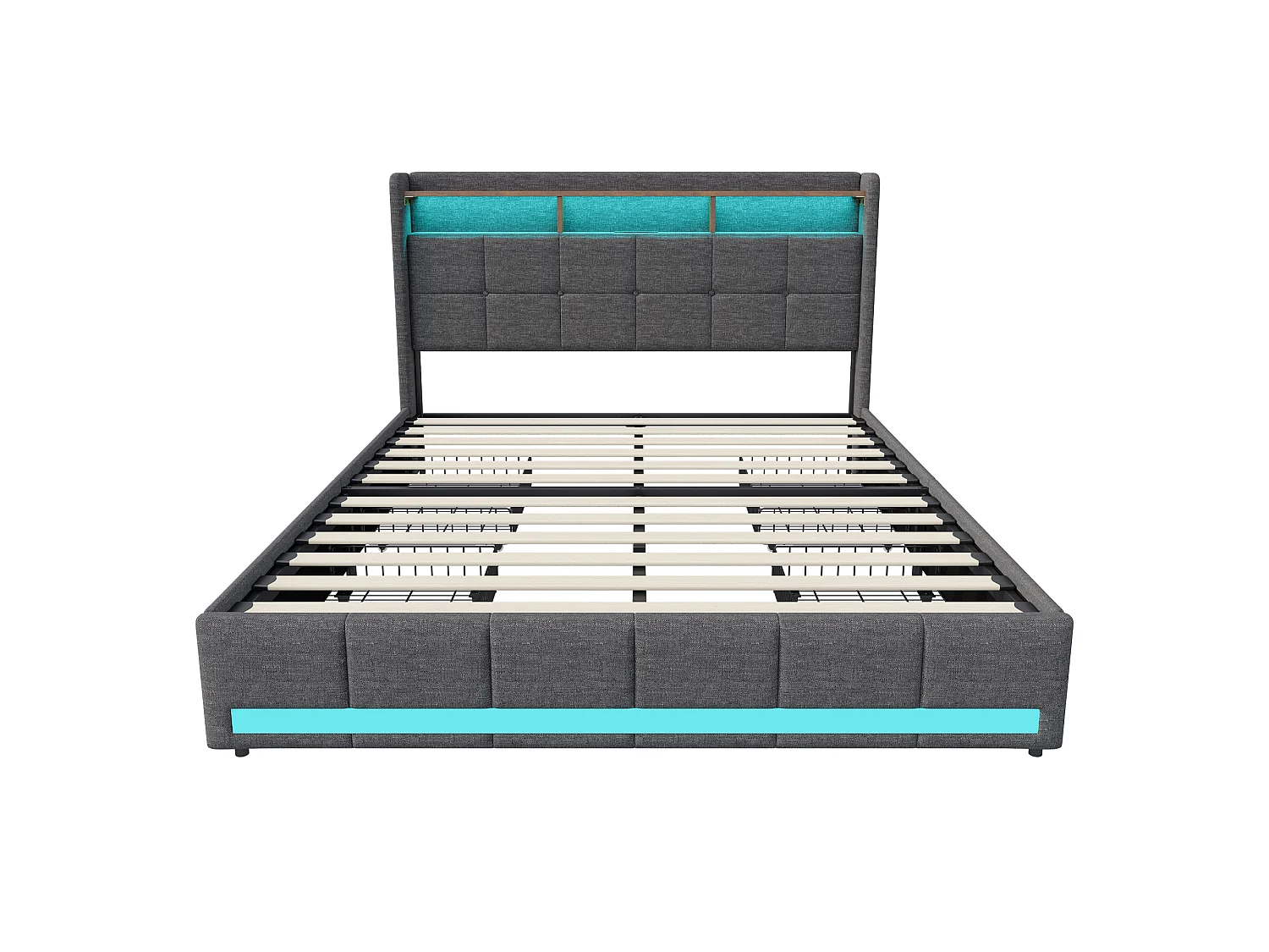 Lit double 140 x 190 cm - NEXU - avec sommier à lattes, 4 tiroirs de rangement, LED et port USB - tissu effet lin gris