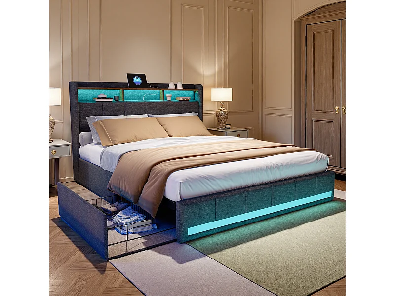 Lit double 140x190 cm - NEXU - lit 140x190 cm avec sommier à lattes - cadre de lit adulte 140x190 cm - 4 tiroir - LED et USB - tissu en lin - gris