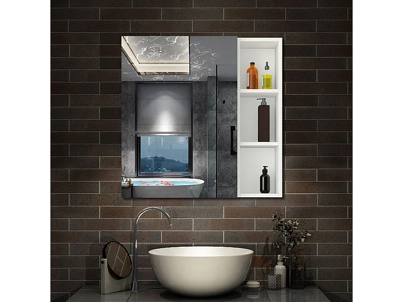 AICA Armoire murale salle de bain, 3 Niveaux placard rangement + 3 étagères latérales ouvertes(70x50x13 cm + 70x20x13 cm), Armoire de toilette sans LED, Blanc