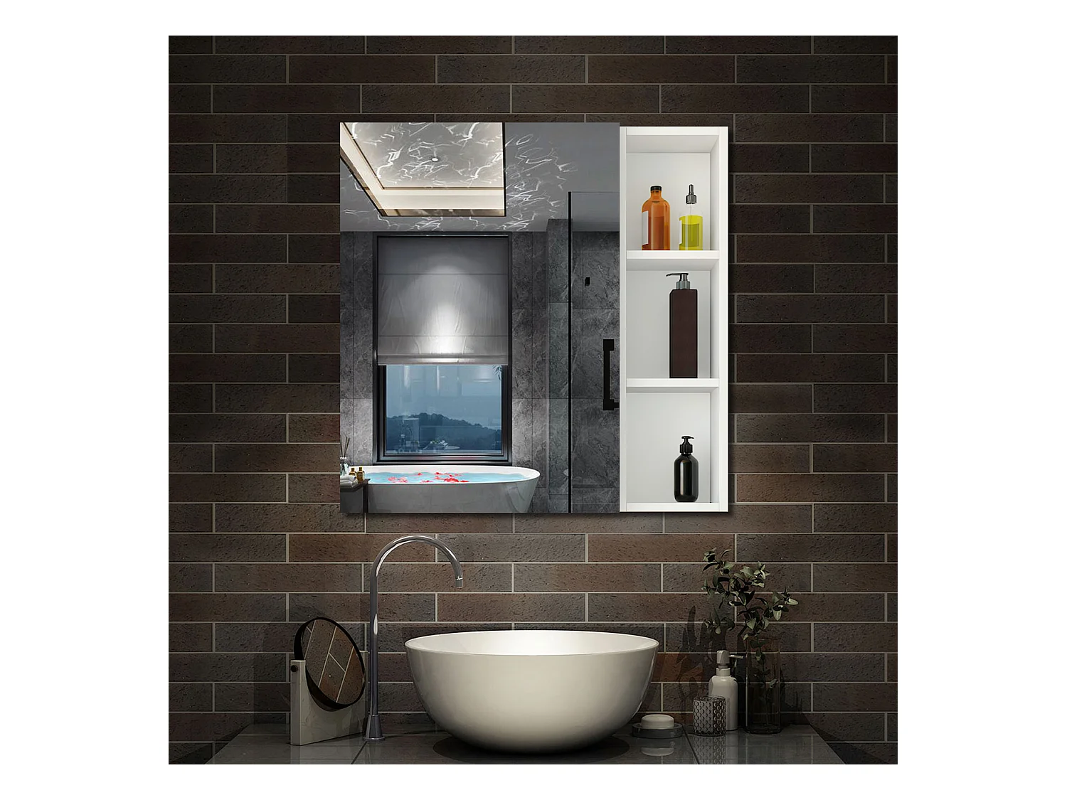 AICA Armoire murale salle de bain, 3 Niveaux placard rangement + 3 étagères latérales ouvertes(70x50x13 cm + 70x20x13 cm), Armoire de toilette sans LED, Blanc