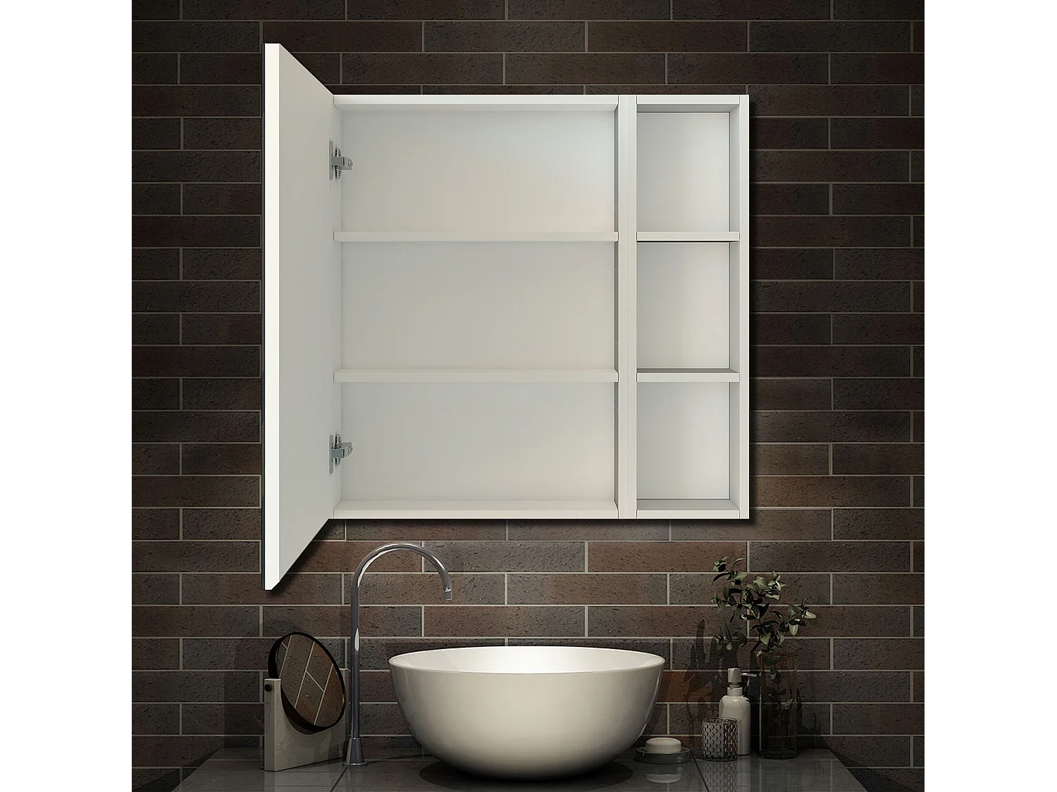 AICA Armoire murale salle de bain, 3 Niveaux placard rangement + 3 étagères latérales ouvertes(70x50x13 cm + 70x20x13 cm), Armoire de toilette sans LED, Blanc