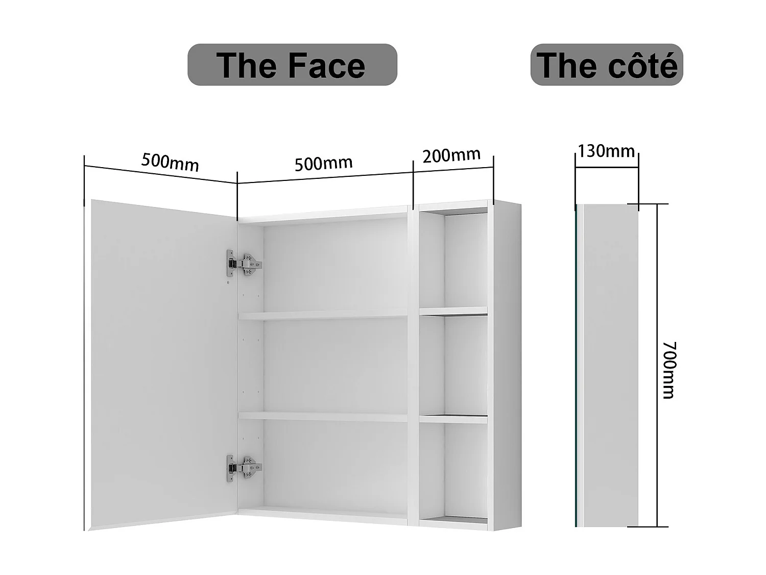 AICA Armoire murale salle de bain, 3 Niveaux placard rangement + 3 étagères latérales ouvertes(70x50x13 cm + 70x20x13 cm), Armoire de toilette sans LED, Blanc