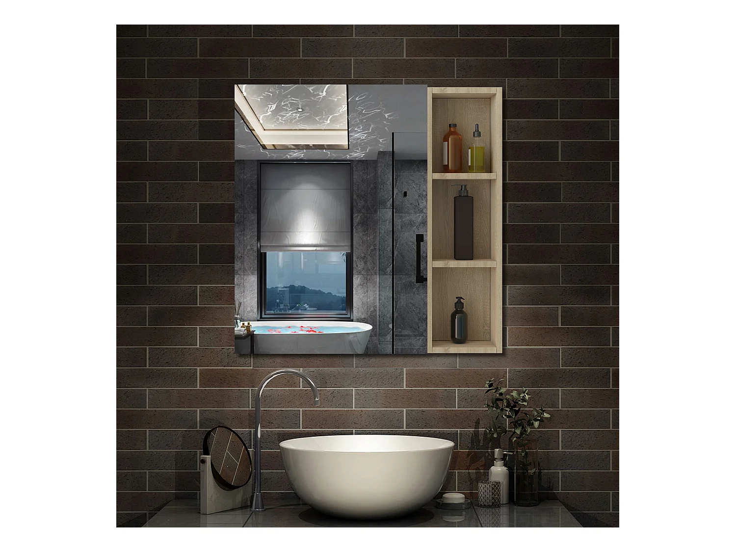 AICA Armoire murale salle de bain, 3 Niveaux placard rangement + 3 étagères latérales ouvertes(70x40x13 cm + 70x20x13 cm), Armoire de toilette sans LED, Chêne
