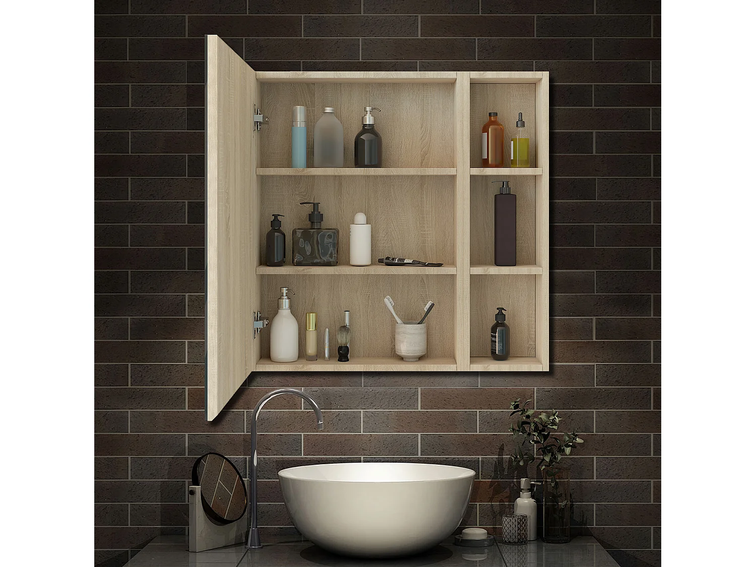 AICA Armoire murale salle de bain, 3 Niveaux placard rangement + 3 étagères latérales ouvertes(70x50x13 cm + 70x20x13 cm), Armoire de toilette sans LED, Chêne