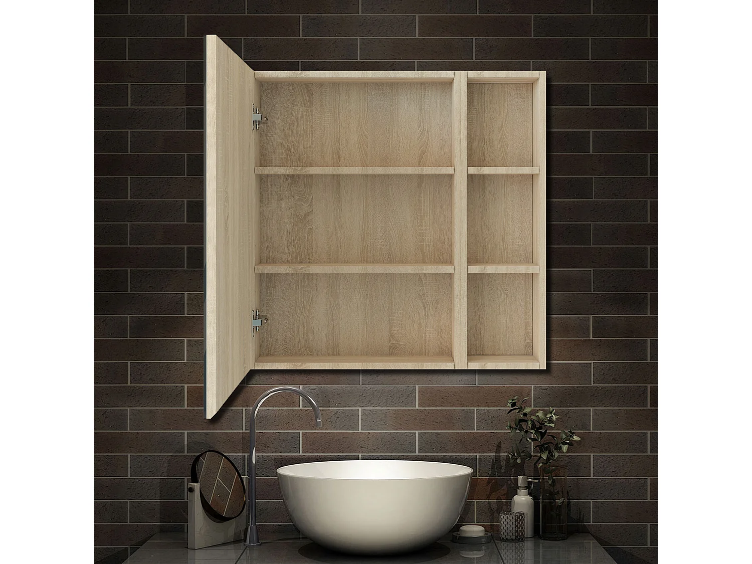 AICA Armoire murale salle de bain, 3 Niveaux placard rangement + 3 étagères latérales ouvertes(70x50x13 cm + 70x20x13 cm), Armoire de toilette sans LED, Chêne