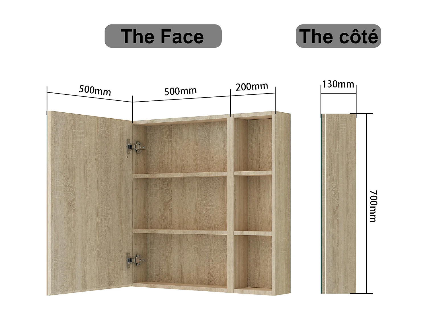 AICA Armoire murale salle de bain, 3 Niveaux placard rangement + 3 étagères latérales ouvertes(70x50x13 cm + 70x20x13 cm), Armoire de toilette sans LED, Chêne