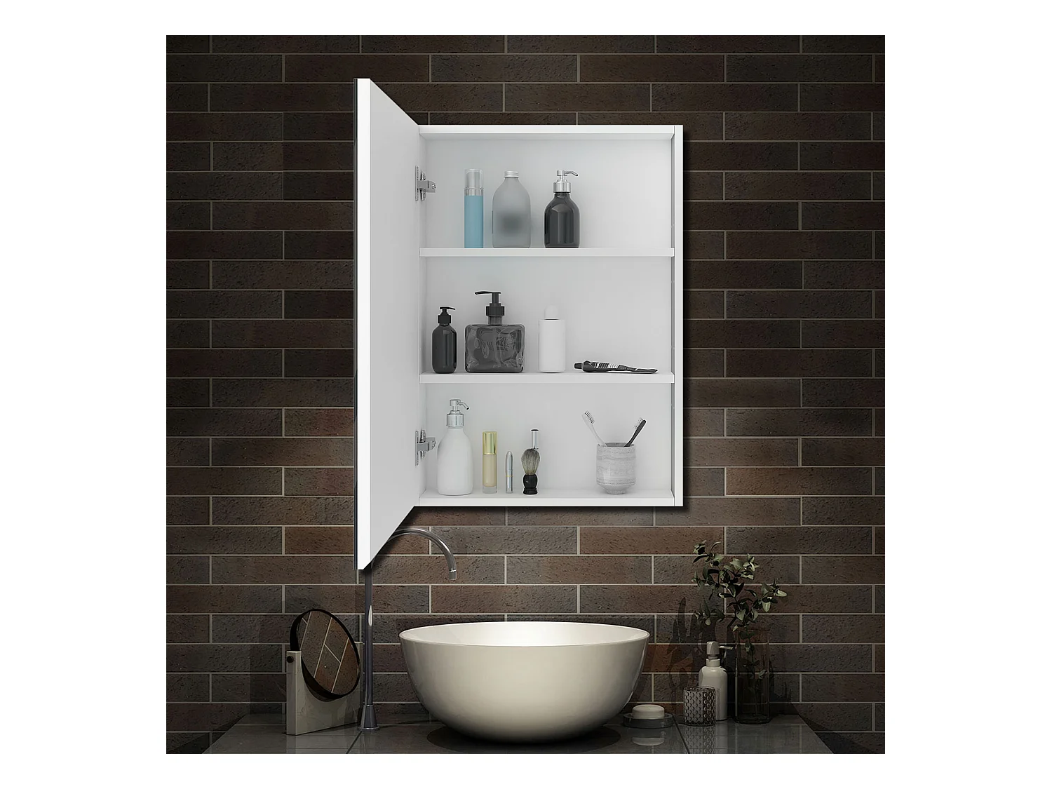 AICA Armoire murale de salle de bain, 70x60x13 cm, 3 Niveaux placard de rangement ( 2 Étagères ), Armoire de toilette, MDF sans LED, Blanc