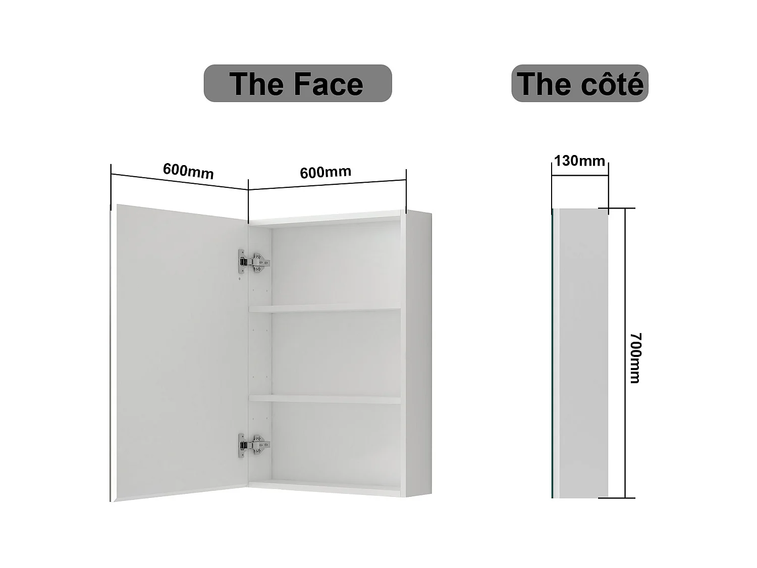 AICA Armoire murale de salle de bain, 70x60x13 cm, 3 Niveaux placard de rangement ( 2 Étagères ), Armoire de toilette, MDF sans LED, Blanc