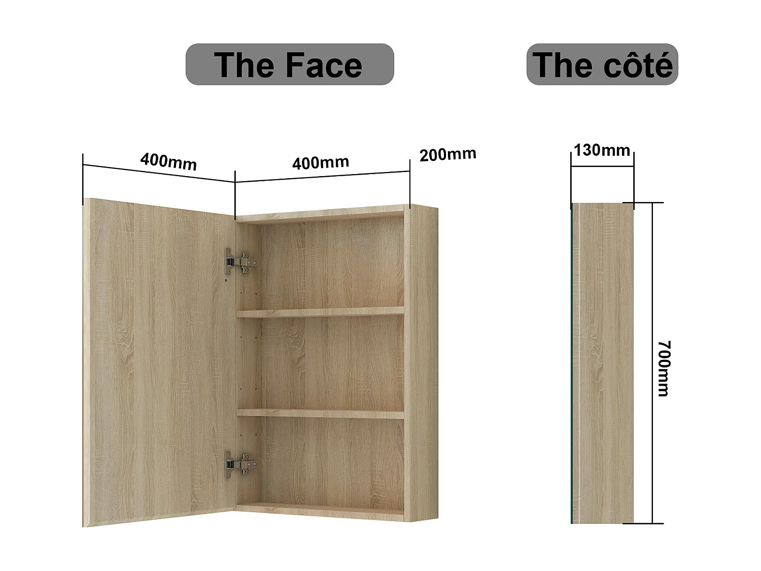 AICA Armoire murale de salle de bain, 70x40x13 cm, 3 Niveaux placard de rangement ( 2 Étagères ), Armoire de toilette, MDF sans LED, Chêne