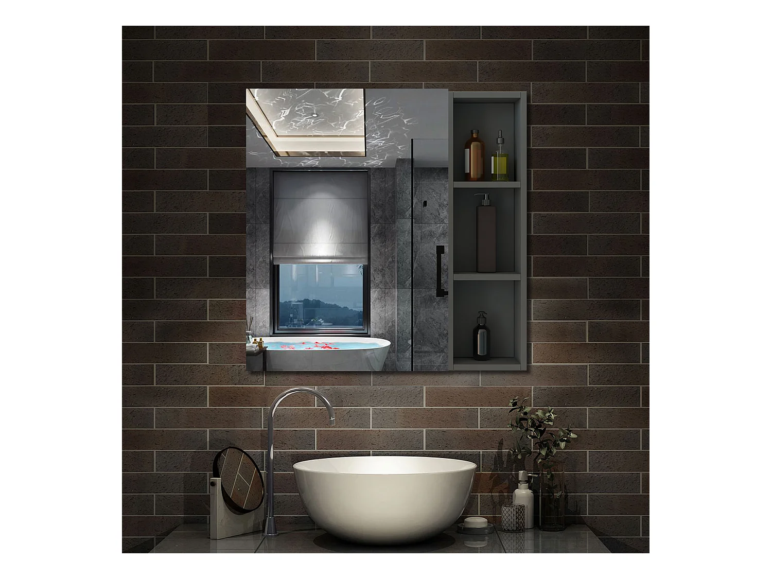 AICA Armoire murale salle de bain, 3 Niveaux placard rangement + 3 étagères latérales ouvertes(70x40x13 cm + 70x20x13 cm), Armoire de toilette sans LED, Anthracite
