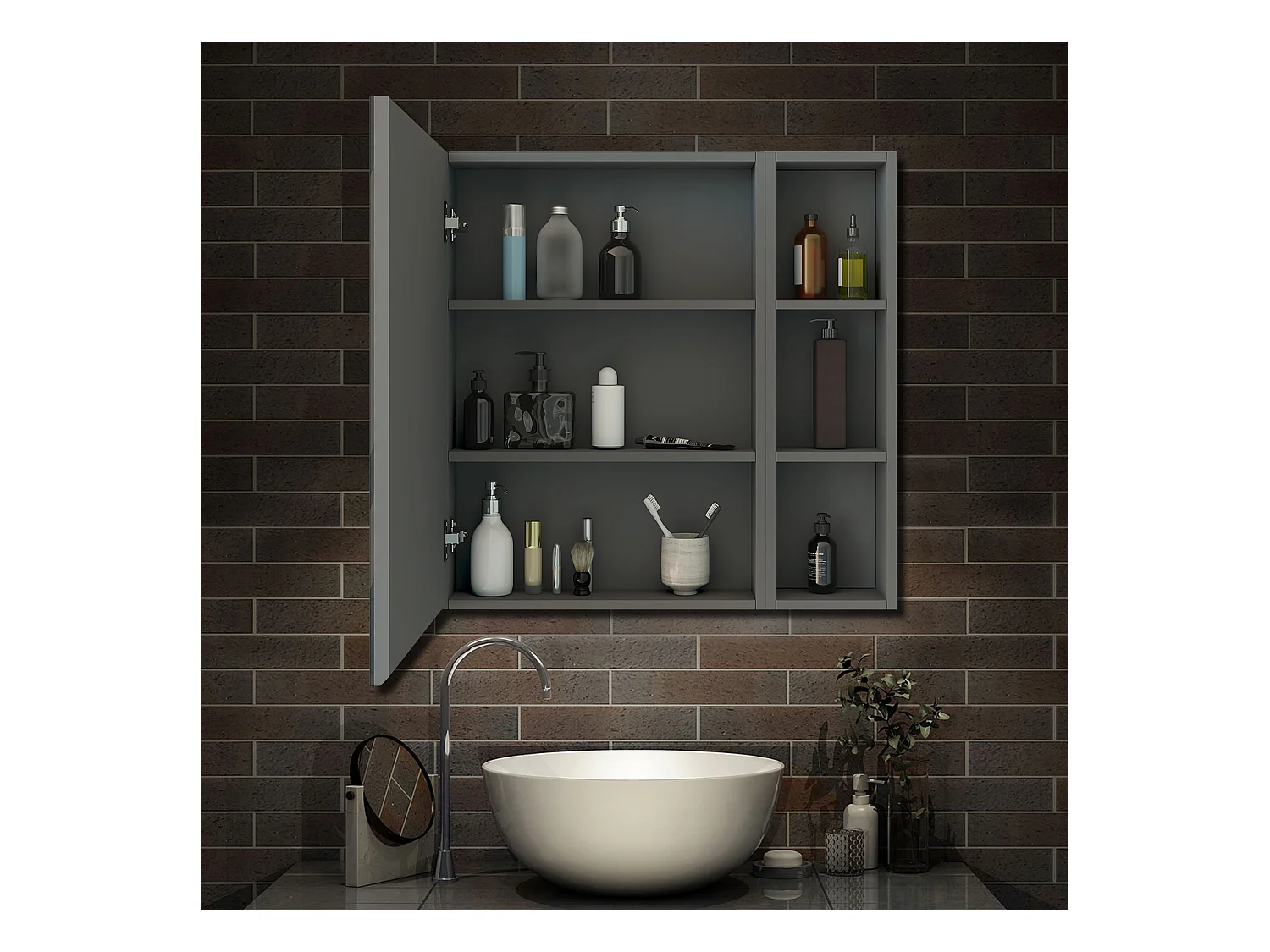 AICA Armoire murale salle de bain, 3 Niveaux placard rangement + 3 étagères latérales ouvertes(70x40x13 cm + 70x20x13 cm), Armoire de toilette sans LED, Anthracite