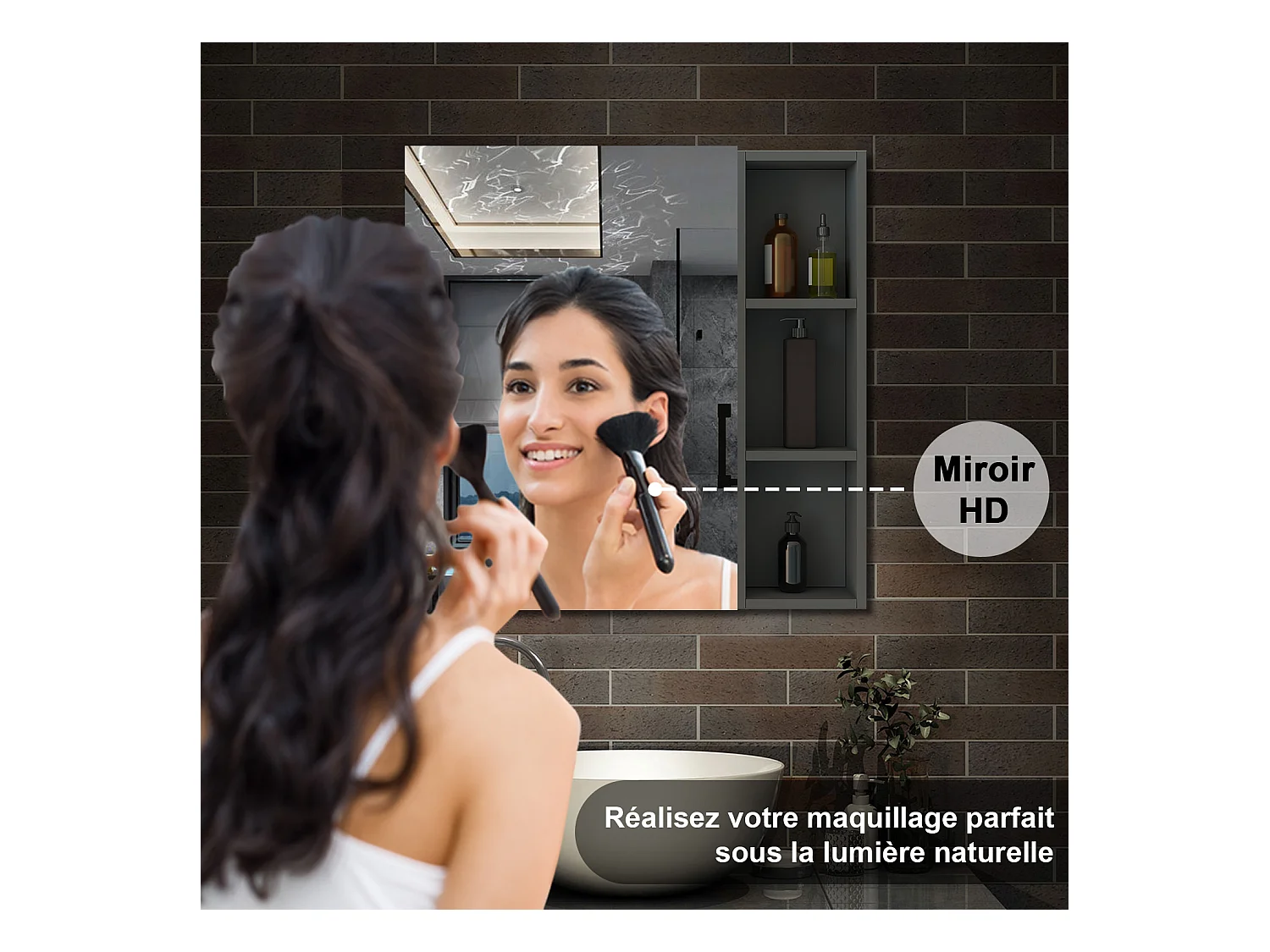 AICA Armoire murale salle de bain, 3 Niveaux placard rangement + 3 étagères latérales ouvertes(70x40x13 cm + 70x20x13 cm), Armoire de toilette sans LED, Anthracite