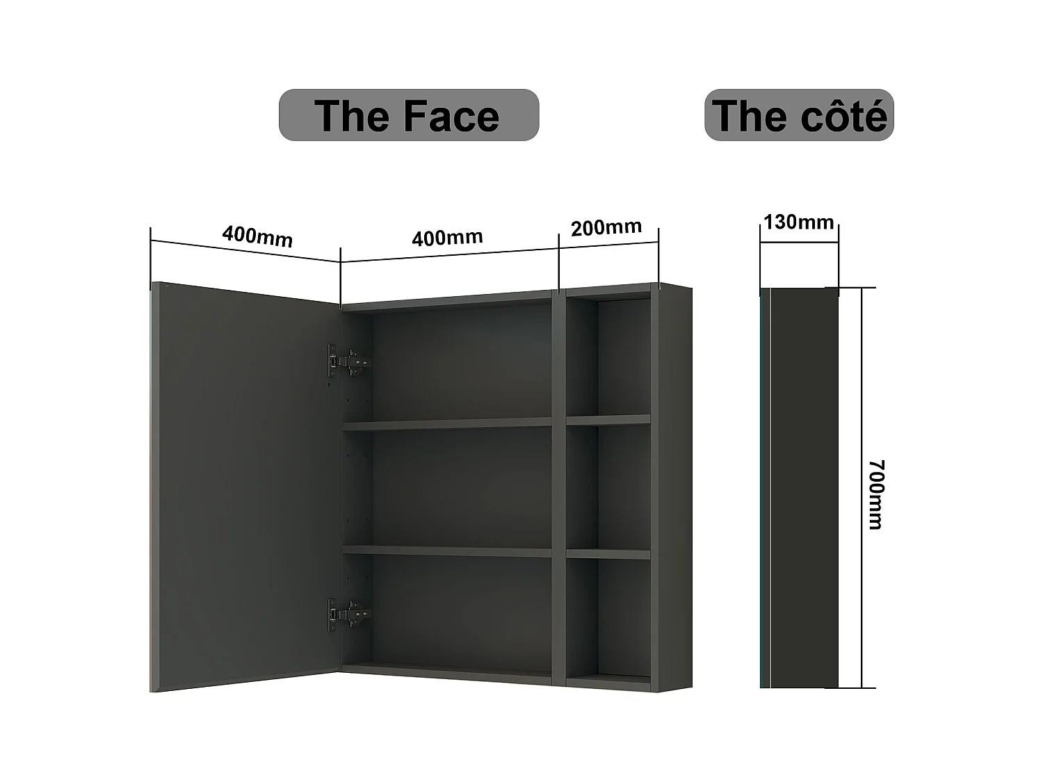 AICA Armoire murale salle de bain, 3 Niveaux placard rangement + 3 étagères latérales ouvertes(70x40x13 cm + 70x20x13 cm), Armoire de toilette sans LED, Anthracite