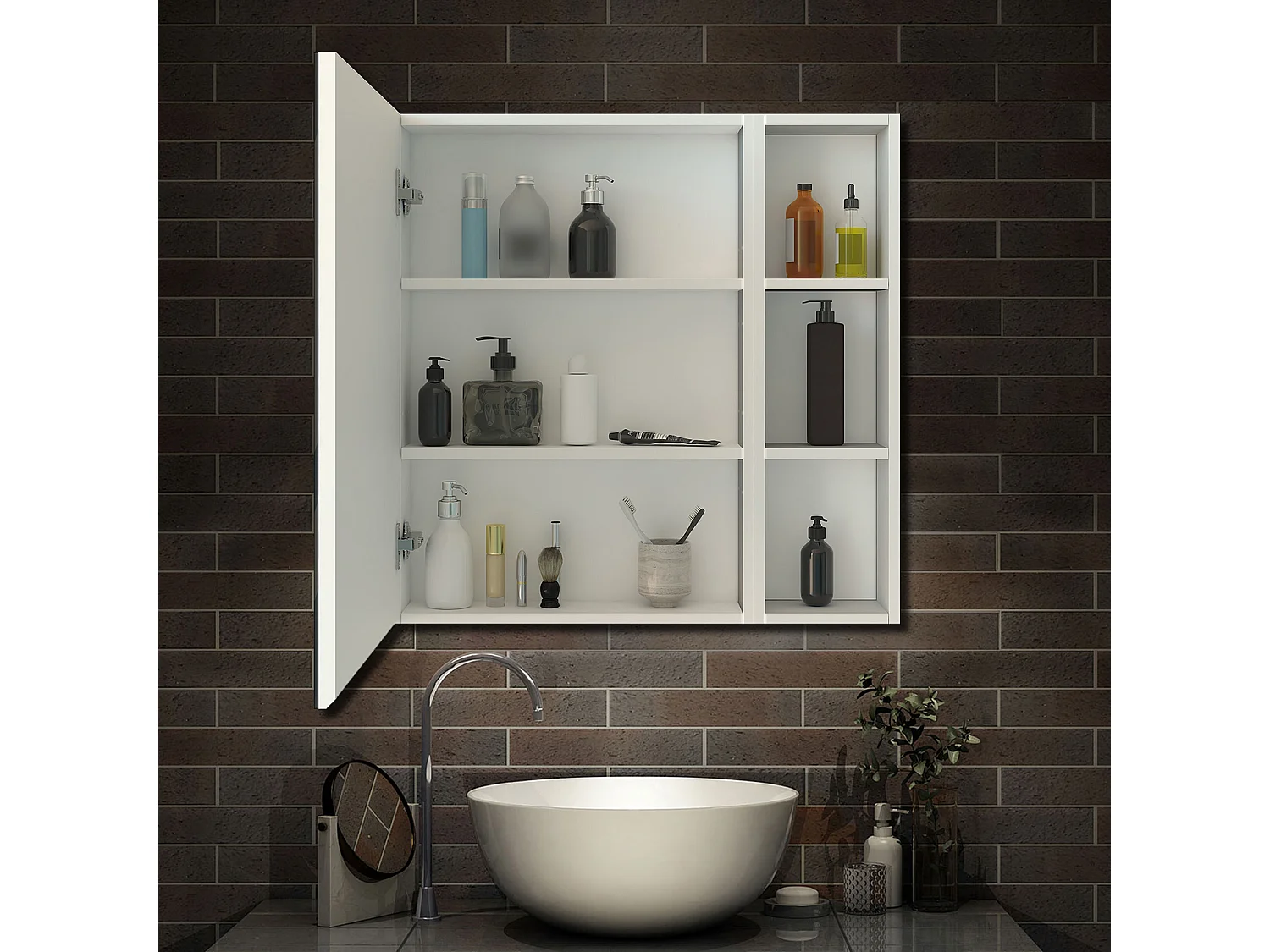 AICA Armoire murale salle de bain, 3 niveaux placard de rangement + 3 étagères latérales ouvertes(70x40x13 cm + 70x20x13 cm), Armoire de toilette sans LED, Blanc