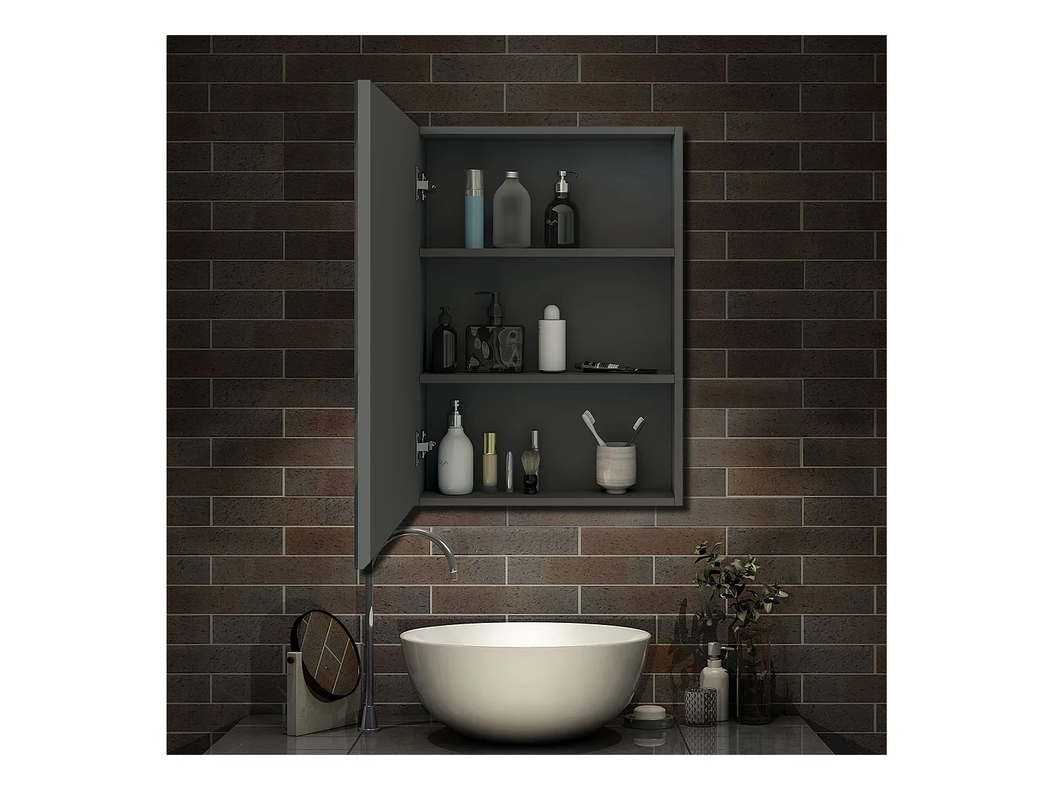 AICA Armoire murale de salle de bain, 70x60x13 cm, 3 Niveaux placard de rangement ( 2 Étagères ), Armoire de toilette, MDF sans LED, Anthracite