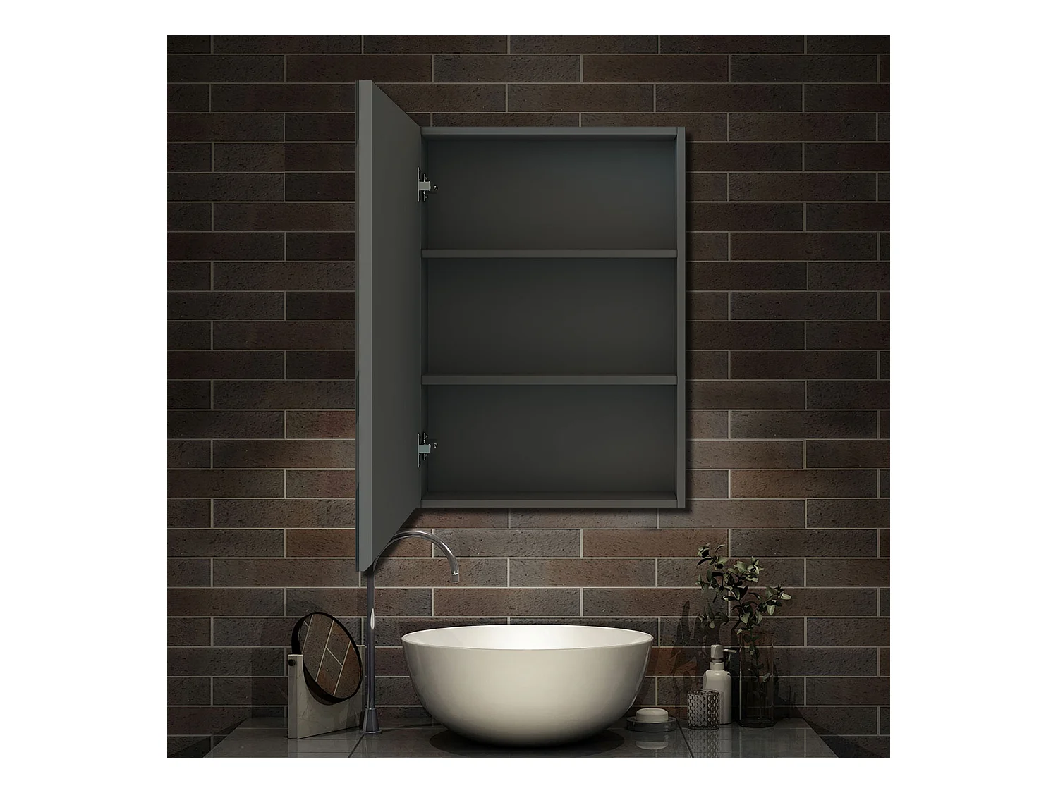 AICA Armoire murale de salle de bain, 70x60x13 cm, 3 Niveaux placard de rangement ( 2 Étagères ), Armoire de toilette, MDF sans LED, Anthracite