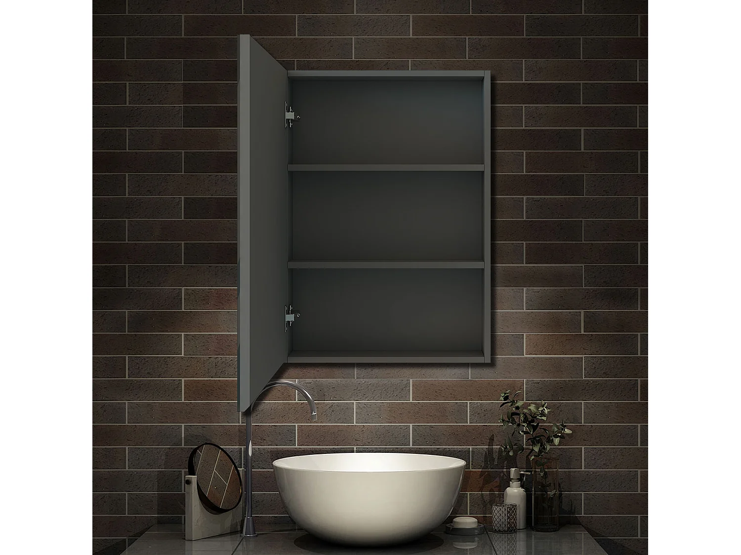 AICA Armoire murale de salle de bain, 70x50x13 cm, 3 Niveaux placard de rangement ( 2 Étagères ), Armoire de toilette, MDF sans LED, Anthracite