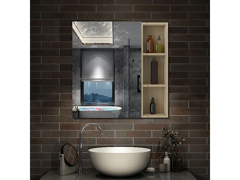 AICA Armoire murale salle de bain, 3 Niveaux placard rangement + 3 étagères latérales ouvertes(70x60x13 cm + 70x20x13 cm), Armoire de toilette sans LED, Chêne