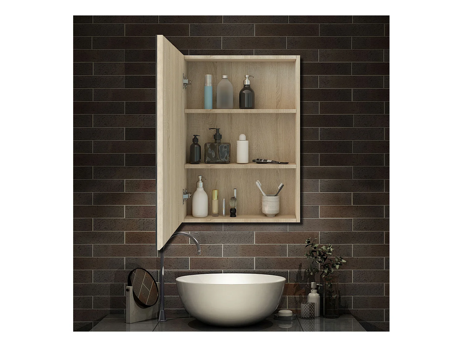 AICA Armoire murale de salle de bain, 70x50x13 cm, 3 Niveaux placard de rangement ( 2 Étagères ), Armoire de toilette, MDF sans LED, Chêne