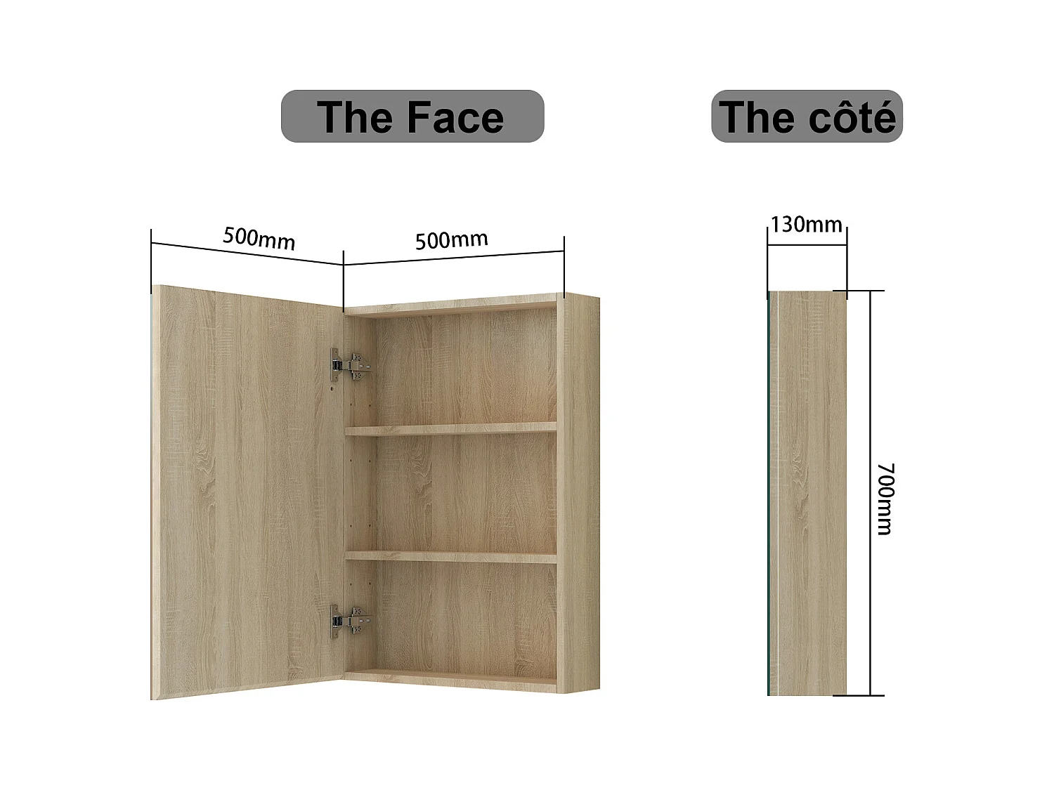 AICA Armoire murale de salle de bain, 70x50x13 cm, 3 Niveaux placard de rangement ( 2 Étagères ), Armoire de toilette, MDF sans LED, Chêne