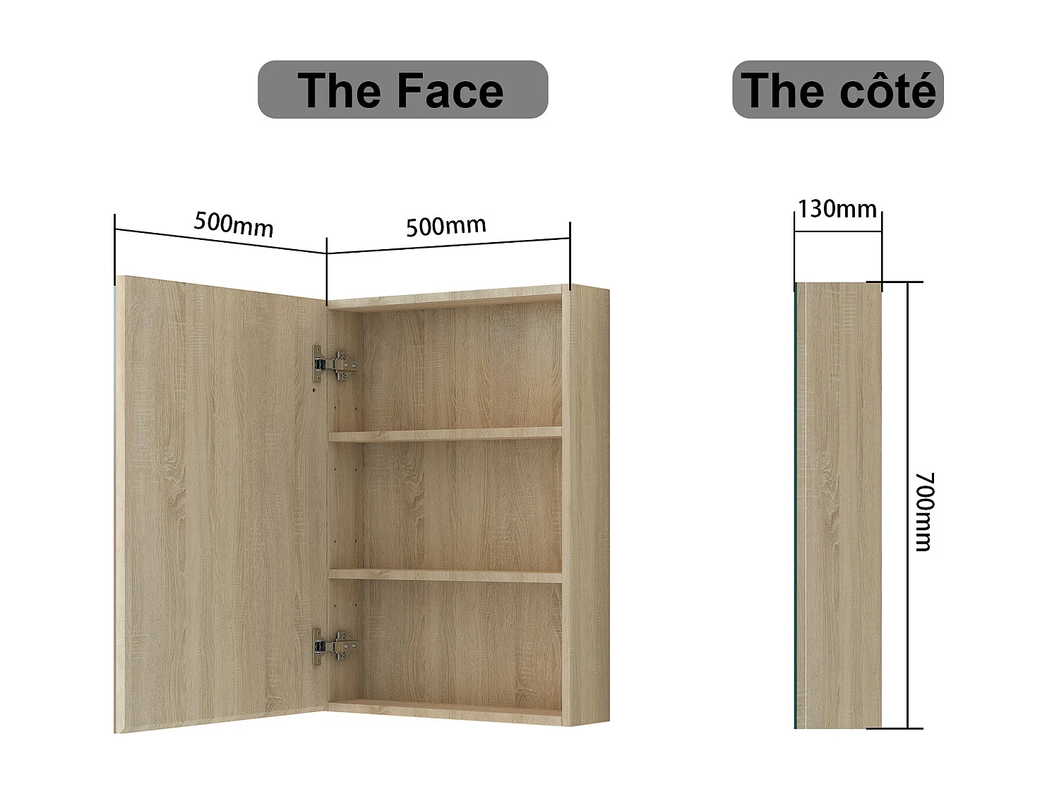 AICA Armoire murale de salle de bain, 70x50x13 cm, 3 Niveaux placard de rangement ( 2 Étagères ), Armoire de toilette, MDF sans LED, Chêne