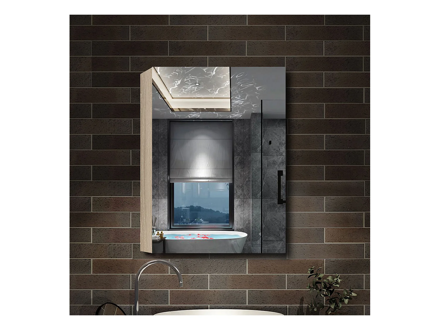 AICA Armoire murale de salle de bain, 70x60x13 cm, 3 Niveaux placard de rangement ( 2 Étagères ), Armoire de toilette, MDF sans LED, Chêne