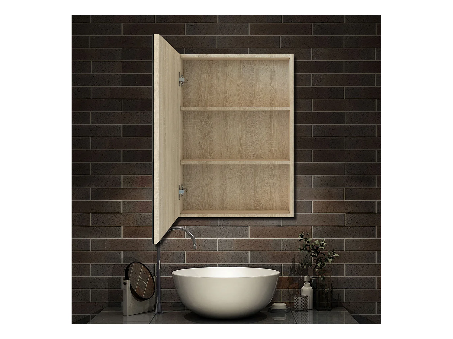 AICA Armoire murale de salle de bain, 70x60x13 cm, 3 Niveaux placard de rangement ( 2 Étagères ), Armoire de toilette, MDF sans LED, Chêne