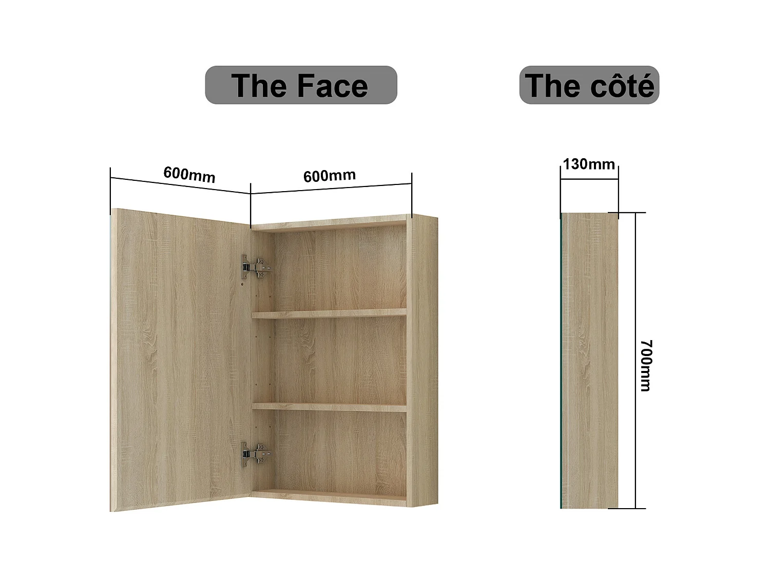 AICA Armoire murale de salle de bain, 70x60x13 cm, 3 Niveaux placard de rangement ( 2 Étagères ), Armoire de toilette, MDF sans LED, Chêne
