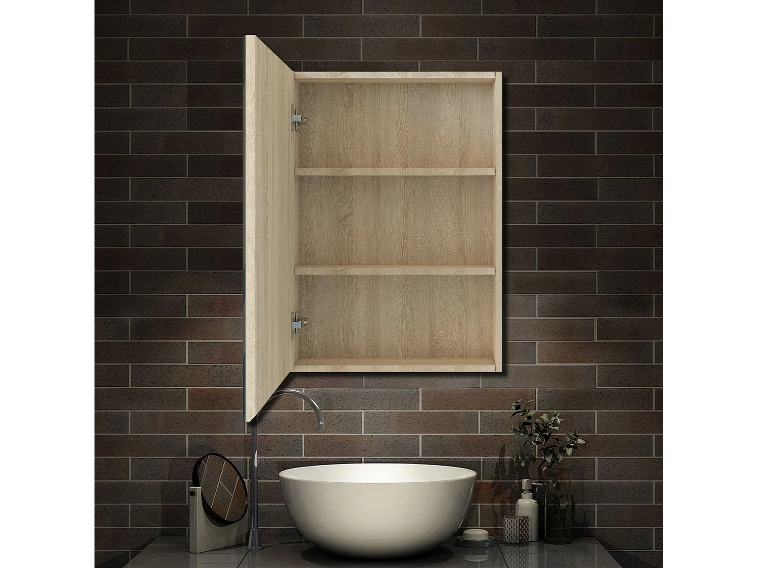AICA Armoire murale de salle de bain, 70x60x13 cm, 3 Niveaux placard de rangement ( 2 Étagères ), Armoire de toilette, MDF sans LED, Chêne