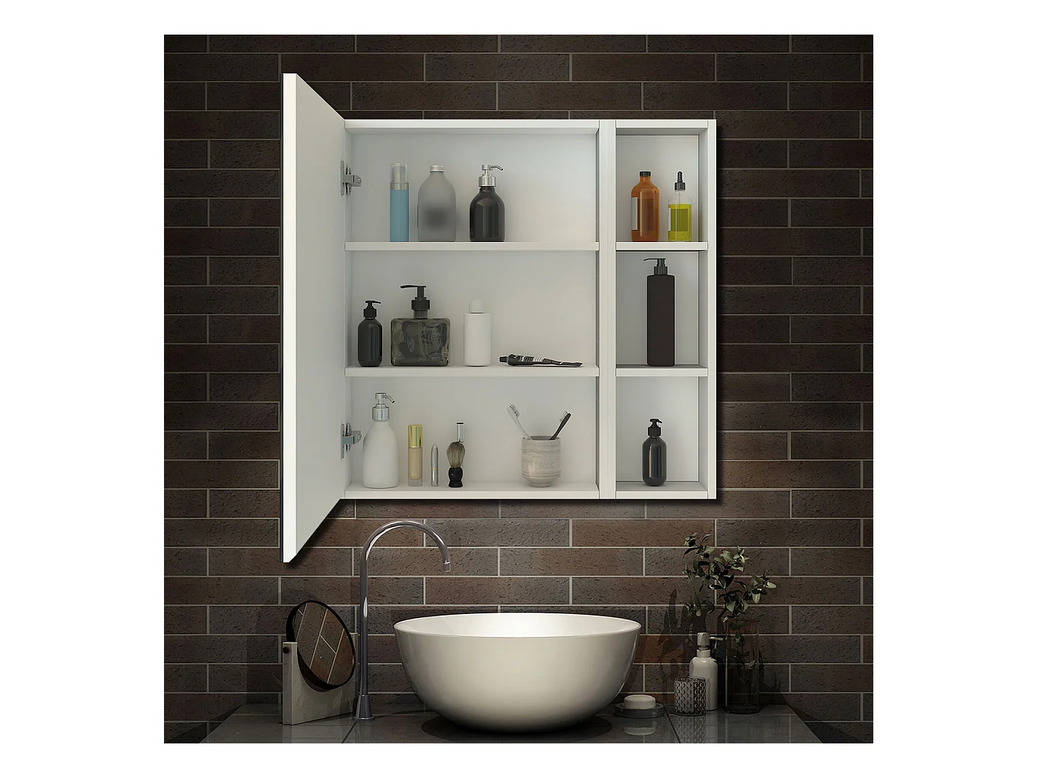 AICA Armoire murale salle de bain, 3 Niveaux placard rangement + 3 étagères latérales ouvertes(70x60x13 cm + 70x20x13 cm), Armoire de toilette sans LED, Blanc