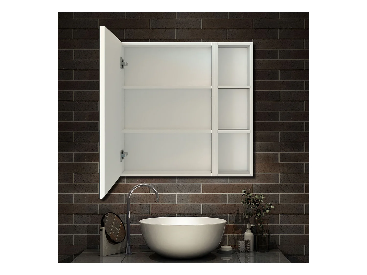 AICA Armoire murale salle de bain, 3 Niveaux placard rangement + 3 étagères latérales ouvertes(70x60x13 cm + 70x20x13 cm), Armoire de toilette sans LED, Blanc