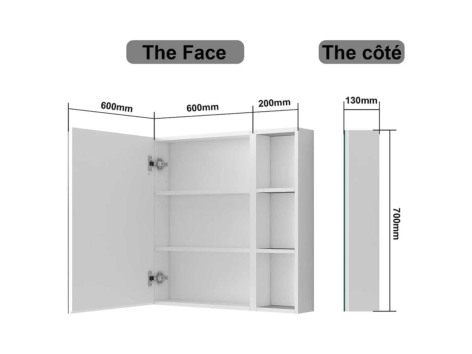 AICA Armoire murale salle de bain, 3 Niveaux placard rangement + 3 étagères latérales ouvertes(70x60x13 cm + 70x20x13 cm), Armoire de toilette sans LED, Blanc